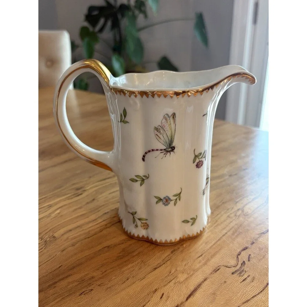 Vintage Godinger & Co. Primavera Porcelain Butterfly White Pitcher Gold Trim 7